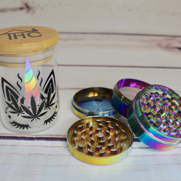 Unicorn Stash Jar w/ Bamboo Suction Lid & 4pc 55mm Herb Grinder Bundle