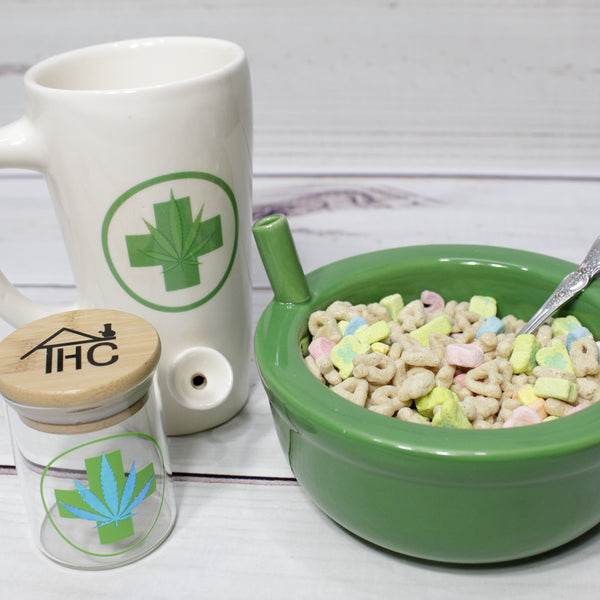 Green Cereal Bowl RX Coffee Mug Pipe & Trippy House Stash Jar W/ Wood Suction Lid  + Humidity pack