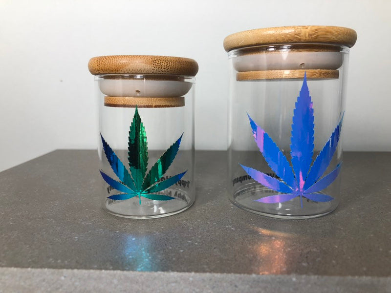 Holographic Cannabis Leaf Small Glass Stash Container W/ Bamboo Suction Lid