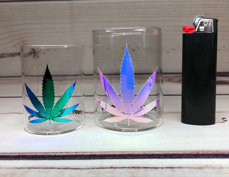 Holographic Cannabis Leaf Small Glass Stash Container W/ Bamboo Suction Lid