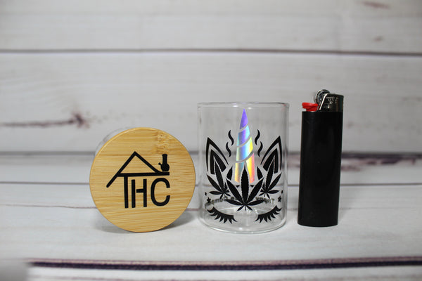 Unicorn Stash Jar w/ Bamboo Suction Lid & 4pc 55mm Herb Grinder Bundle