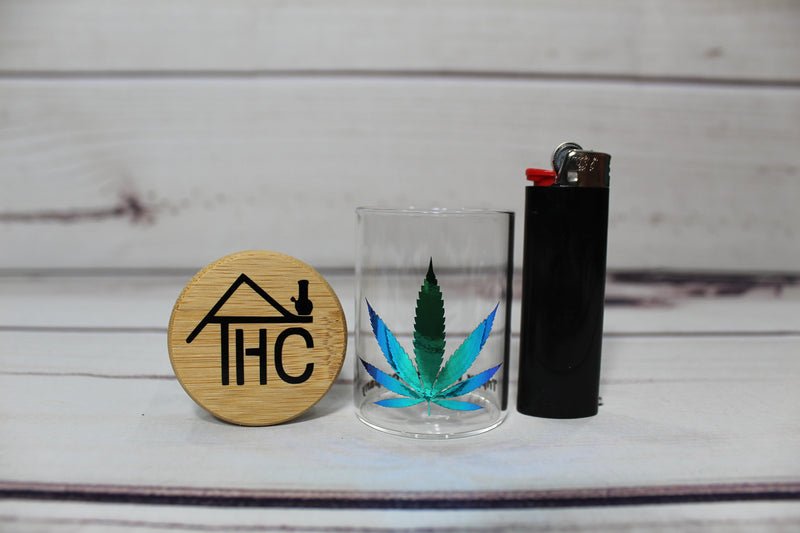 Holographic Cannabis Leaf Small Glass Stash Container W/ Bamboo Suction Lid