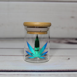 Holographic Cannabis Leaf Small Glass Stash Container W/ Bamboo Suction Lid