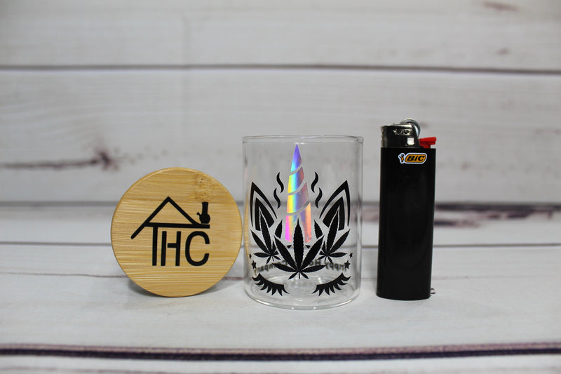 Unicorn Glass Stash Jar Container W/ Bamboo Suction Lid