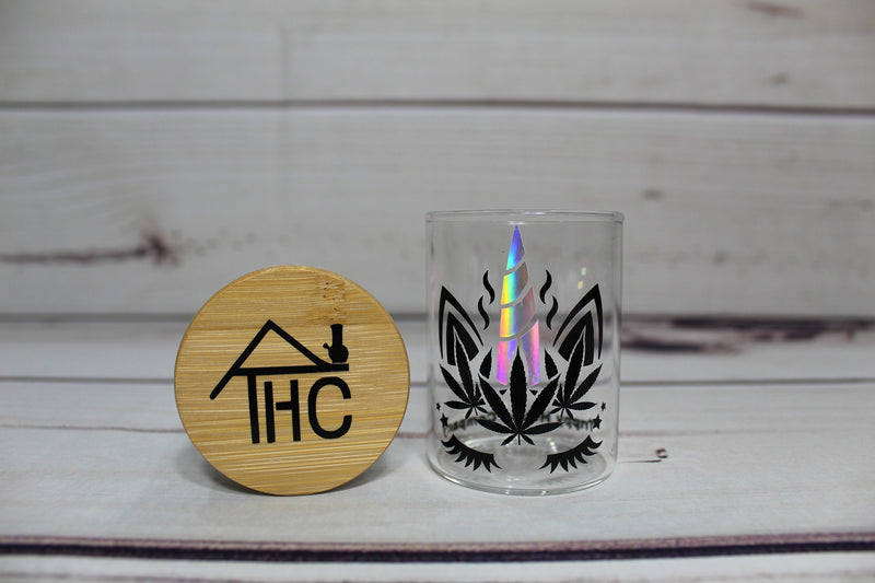 Unicorn Glass Stash Jar Container W/ Bamboo Suction Lid