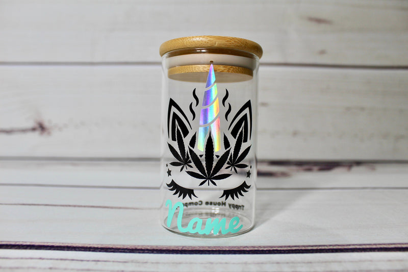 Unicorn Glass Stash Jar Container W/ Bamboo Suction Lid