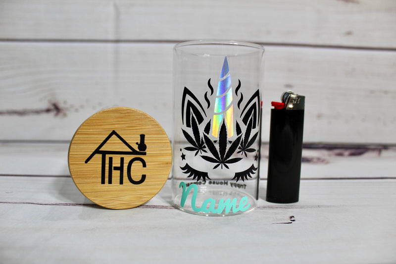 Unicorn Glass Stash Jar Container W/ Bamboo Suction Lid