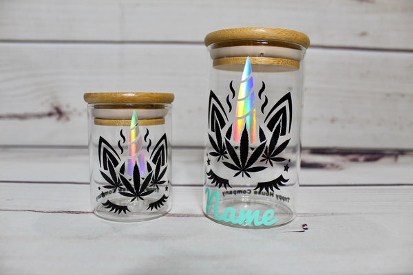 Unicorn Glass Stash Jar Container W/ Bamboo Suction Lid