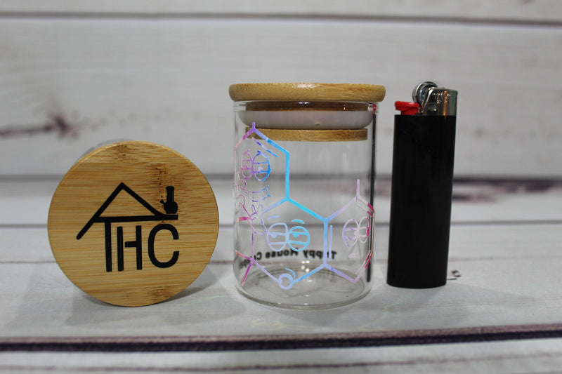 THC Molecule Glass Stash Jar Container W/ Bamboo Suction Lid