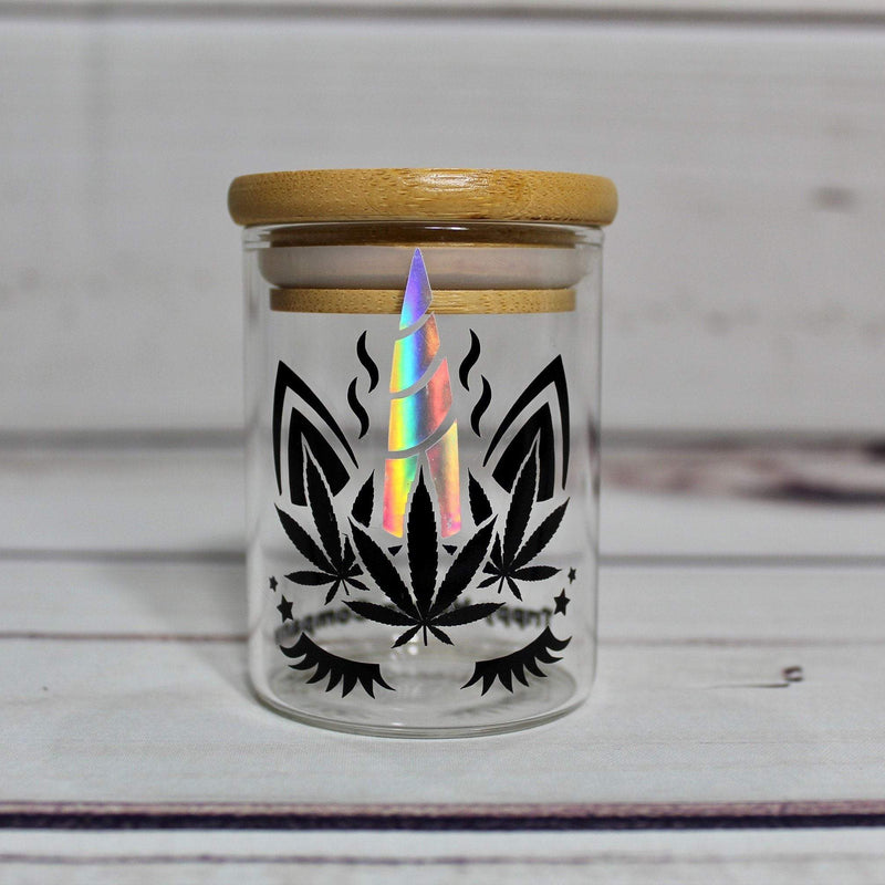 Unicorn Glass Stash Jar Container W/ Bamboo Suction Lid