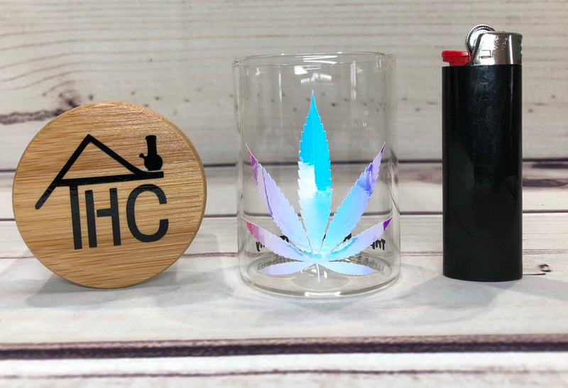 Holographic Cannabis Leaf Small Glass Stash Container W/ Bamboo Suction Lid