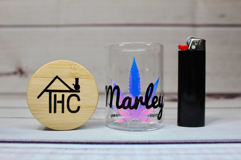 PERSONALIZE NAME  Stash Jar Container W/ Bamboo Suction Lid