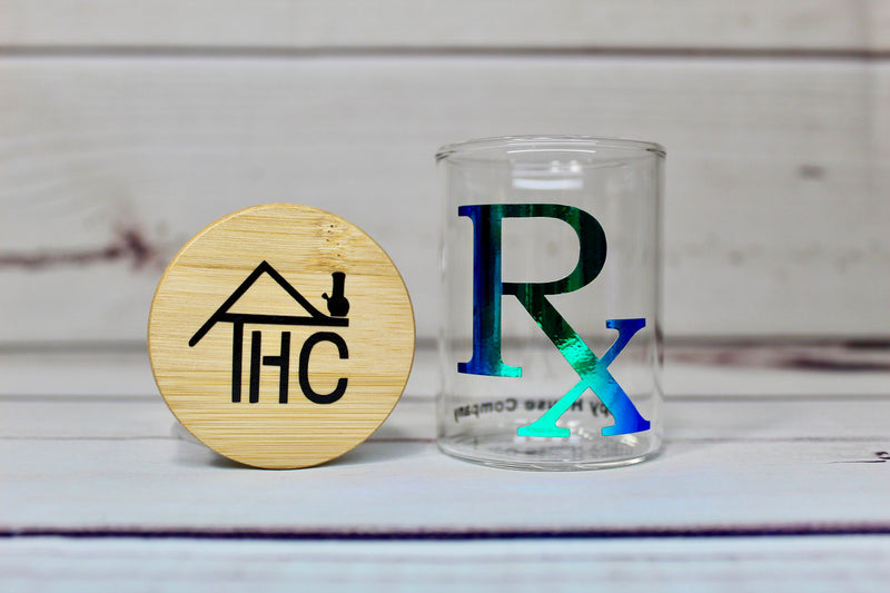 RX Holographic Glass Air Tight Stash Jar Container W/ Bamboo Wood Lid