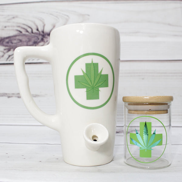 Green Cereal Bowl RX Coffee Mug Pipe & Trippy House Stash Jar W/ Wood Suction Lid  + Humidity pack