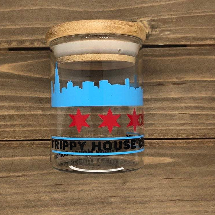 Chicago Glass Stash Jar Container W/ Bamboo Suction Lid