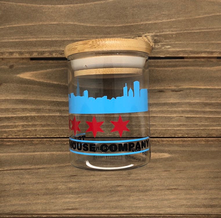 Chicago Glass Stash Jar Container W/ Bamboo Suction Lid