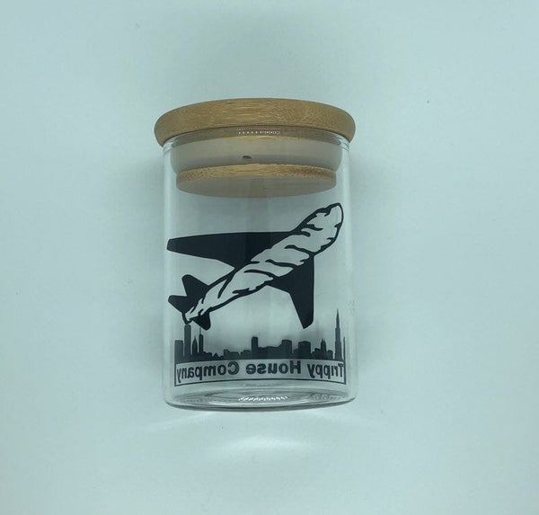 Paper Plane Glass Stash Jar Container W/ Bamboo Suction Jar