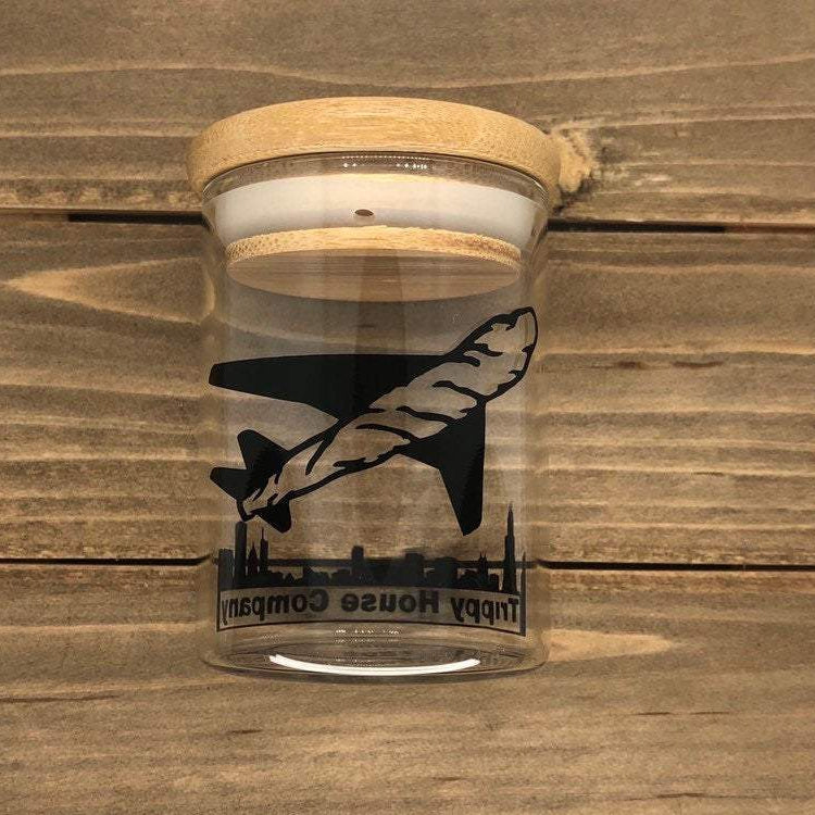 Paper Plane Glass Stash Jar Container W/ Bamboo Suction Jar